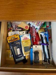 lot 426 image: 2 Sewing Room Drawer Contents (not inc drawers) Inc Draw String Tool, Glue, Thimble, Xacto Knife, Hyper Tough Magnetize, Highlighters, Rulers and Much More