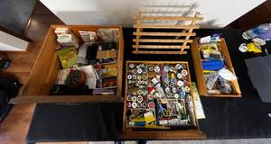 lot 430 image: Sewing Room Drawers Contents (drawers not inc) Inc Spools of Thread, Pin Cushion, Scissors, Measuring Tape, Thread Organizer, Buttons, Zippers, Misc Sewing Items, Paint Brushes, Etc