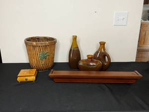 lot 434 image: Palm Tree Trash Can, Music Box, Wall Shelf 24 & 3 Decorative Vases (tallest is damaged)