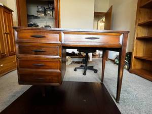 lot 439 image: VTG MCM Sewing Table with 3 Drawers, Desk Chair, Dark Wood Desk, Desk Floor Mat