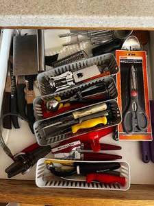 lot 449 image: Kitchen Cupboard & Drawer Contents Inc Food Processor (untested), Salad Spinner, Cookie Sheets, Baking Supplies,  Multi-Purpose Scissors, Paring Knives, Can Opener, Pots w Lids, 4 Glass Fish Trays, Covered Pottery Dish w Info & More