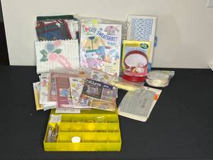lot 413 image: Baby Clothes Patterns, Trimmings, Zippers, Hem Gage, Quilt Binding Express, Box of Beads, Quilt Block Design Mirror, Etc