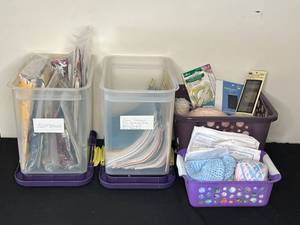 lot 414 image: Pom Pom Maker in Pkg, Baskets of Yarn, Halloween Bell, Totes of Quilt Patterns & Misc Quilt Info, Quilt Designs & Needles