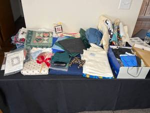 lot 415 image: Lot of FABRIC Fabric Pieces, Quilt Square Kit, Scraps, Pin Cushion, Salvage Pieces, Some Embroidery