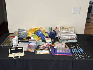 lot 418 image: VTG Fasturn Fabric Tube Turning System, Various Office Supplies, Note Pads, Notebooks, Glues, Various Quilting Award Ribbons, Bookstand, Punch, ETC