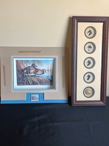 lot 126 image: Duck Stamp w Coordinating Signed Print (mat but no frame) & Ducks Unlimited Collectibles