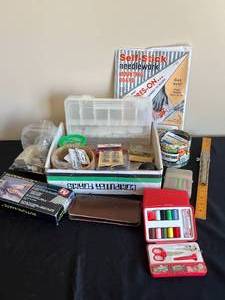lot 158 image: Various Sewing Supplies and Sewing Accessories - 3 Small Sewing Kits, Button Mate, Bobbins, Needles, Thread, Bobbins, Needlework Mounting Board,