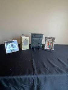 lot 167 image: Kafka # 1307 Etched Artwork, VTG 4 Drawer Decoration, Egyptian Inspired Artwork and Frame, Dragonfly Wall Hanging Candle Holder