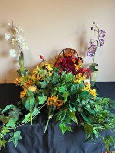 lot 187 image: Faux Plants, Flowers and Greenery. Sunflower Basket, Thanksgiving Basket, Variety of Individual and Bunches of Sunflowers