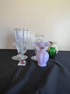 lot 215 image: Mikasa Lead Crystal Vase, Small Light Purple Fenton Vase, Variety of Other Vases and Set of 2 Candle Stick Holders
