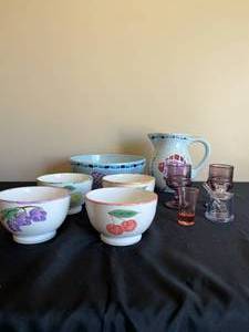 lot 216 image: Fish Themed Bowl and Pitcher Set, Set of Fruit Themed Bowls, 2 Purple Glasses, Pink Shot Glass, Clear Sugar Pot