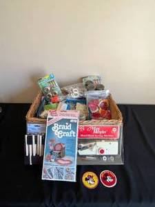 lot 346 image: Basket of Arts and Crafts Supplies, Braid Craft, Patches, Art Brushes, etc.