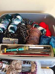 lot 352 image: Rolls of Yarn - Various Colors and Weights, Crochet Hooks and Knitting Needles - Various Sizes