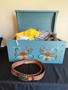 lot 357 image: Turquoise Trunk with Various Fabrics and Blankets Inside and Belt