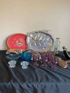 lot 389 image: Candle Holders  Phesant Decor  Purple Goblets  Candy Dishes  Glass Snack Treys  Serving Treys  Old Fitzgerald Prime Decanter