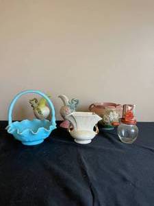 lot 393 image: Antique Finton Milk Glass Basket  Two Hull Pitchers  Antique Vase  Roseville Pot Ceramic
