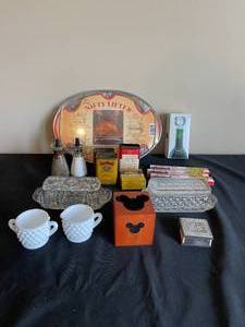 lot 399 image: The Nifty Lifter  VTG Salt and Pepper Shakers  Paring Pro Knife  Butter Dishes  Mickey Mouse Block  Hobnail Sugar and Creamer Servers