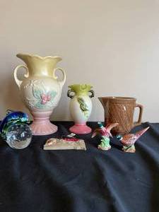 lot 457 image: Hull Vases  Napco Pheasant Decor  Gibson Salt and Pepper Shakers  South Dakota Hanging Decor  Glass Dolphin Paper Weight