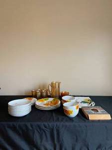 lot 458 image: Matching Pitcher and Glasses  Sunflower Plates and Bowls  Harmony House Floral Bowls  Egpyt Decrative Plate  Orange Bowls