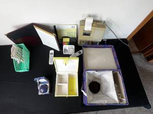 lot 261 image: VTG Office Calculator, Jewelry Box w Key, Misc Office Supplies, Decorative Cremation Box w Mini Urn
