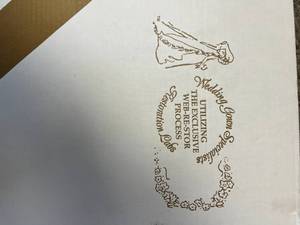 lot 478 image: VTG Wedding Dress in Unopened Storage Chest - Dress Has Unknown Speckled Spots on Front But Veil Looks to Be In Good Condition