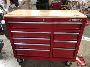 Husky 42 in. W x 18.1 in. D 8-Drawer Red Mobile Workbench Cabinet with Solid Wood Top    Customer Returns See Pictures
