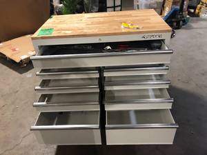 Husky Tool Storage 46 in. W Standard Duty Gloss White Mobile Workbench Cabinet with Solid Top Full Length Extension Table Customer Returns See Pictures