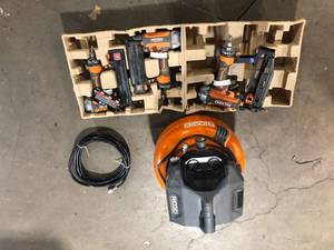 RIDGID 6 Gal. Portable Electric Pancake Air Compressor w 18GA Brad Nailer, 16GA Straight Finish Nailer, & 18GA Finish Stapler  Customer Returns See Pictures