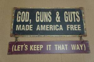 lot 55 image: Double Hanging Tin Sign Made America Free