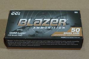 lot 127 image: 50 CCI Blazer Brass 9mm Luger 115 Gr FMJ Ammo