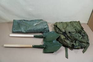 lot 161 image: Assorted Military - Tarp, Backpack, 2 Trench Tools