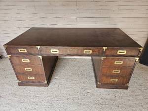 lot 11 image: Stunning Henredon Campaign Style Executive Desk
