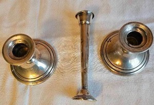 lot 40 image: Weighted Sterling Silver Candlesticks and Bud Vase