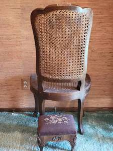 lot 489 image: Antique Caned Accent Chair and Needlepoint Footrest