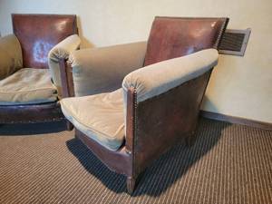 lot 2 image: Vintage Tacked Leather Club Armchairs, Pair
