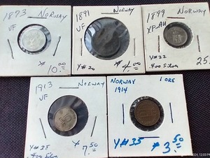 lot 5 image: (5) Vintage Norwegian Coins