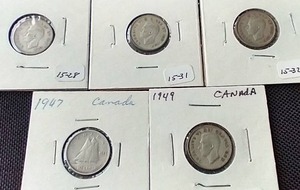 lot 26 image: (5) Canadian Silver Dimes