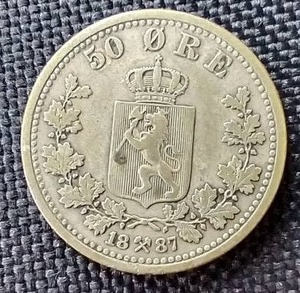 lot 50 image: 1887 Norwegian Silver 50 Ore Coin
