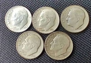 lot 83 image: (5) Silver Roosevelt Dimes