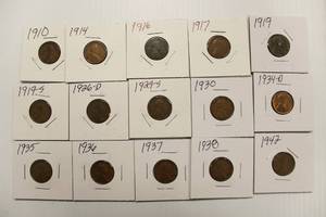 15 Semi Key Dates Wheat Back Pennies, 1910 - 1942