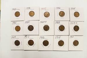 15 Semi Key Dates Wheat Back Pennies, 1910 - 1942