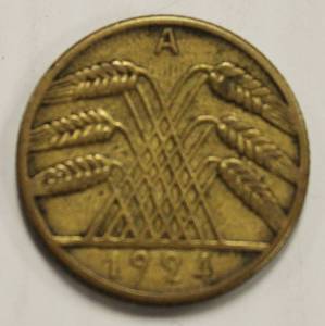 1924 E Weimar Germany 10 Riechspfennig Rare German Coin