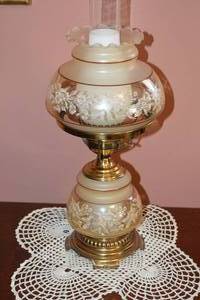 Vintage Ornate Glass Floral Pattern Lamp with White Lace Doily