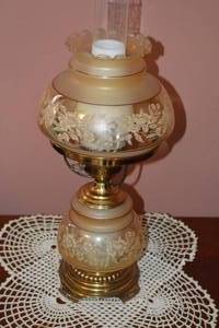 Vintage Ornate Glass Floral Pattern Lamp with White Lace Doily