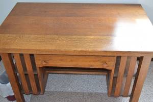2 -  Wooden Desk with Contents, Trash Bin, and Plastic Carpet Mat for Wheel Desk Chairs