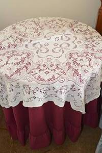 4 - Round Bedside TableNightstand, With Red Drape and Lace Doily