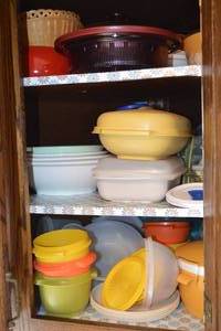 7 - Cabinet Contents - Tupperware, Kitchenware, Salt and Pepper Shakers, Etc.