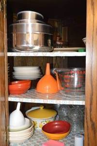 7 - Cabinet Contents - Pyrex, Assorted Kitchenware, Plates, Bowls