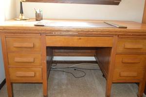 Large Wooden Desk with Writing Mat, Desk Lamp, and Pen Cup