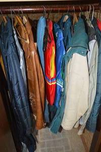Closet Contents - Leather Jackets, Hats, Heavy Duty Mittens, Scarves, Etc.
